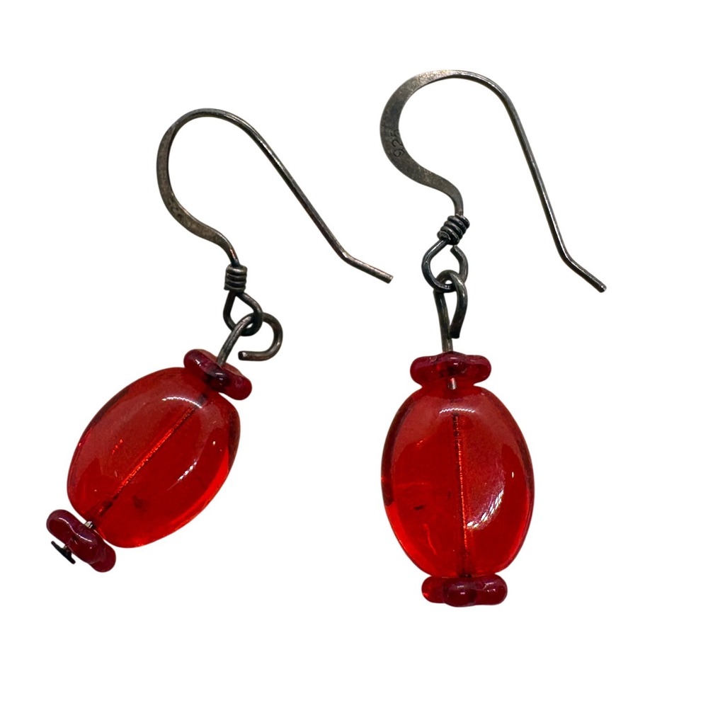 Vintage Sterling Silver 925 Red Glass Bead Drop Earrings French Hook Dangles